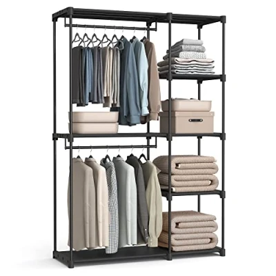 Abbildung von SONGMICS Kleiderschrank offen, freistehende Garderobe, Standregal, Kleiderständer mit Kleiderstangen, Garderobenständer, Ankleidezimmer, Schlafzimmer, 43 x 124 182 cm, schwarz RYG026B02