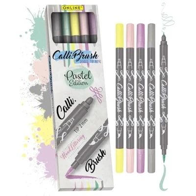 Abbildung von ONLINE Brush Pen Set Calli.Brush Pastel I 5 Double Tip Pinselstifte mit Kalligrafie Spitze &amp; Pinselspitze Ungiftige Handlettering Stifte als Kalligraphie für Bullet Journals, Aquarell, Mandalas