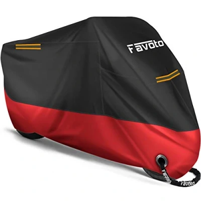 Abbildung von Favoto Verbesserte Version Wasserdicht Motorradabdeckung Motorrad Abdeckplane Outdoor Motorradgarage Motorroller Abdeckung Winddicht mit 2 Gürtelschnalle Schwarz Rot 265cm x 105cm 125cm