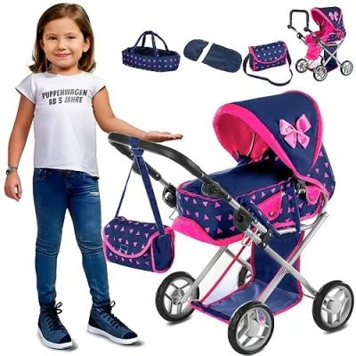 Abbildung von Kinderplay Puppenwagen ab 1 2 3 Jahre Kinderwagen Spielzeug in 1, mit Herausnehmbarer Tragetasche und Umhängetasche, Höhenverstellbar 36.5 cm bis 64 cm, KP0200T