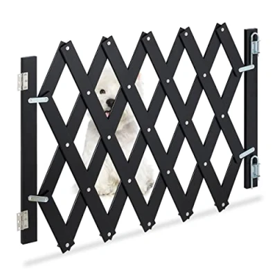 Abbildung von Relaxdays Hundeabsperrgitter, ausziehbar bis 108,5 cm, 47,5 60 cm hoch, Bambus, Hunde Schutzgitter Treppe &amp; Tür, schwarz