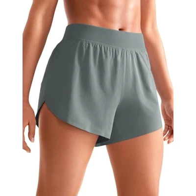 Abbildung von CRZ YOGA Damen Mid Waist Running Shorts Seitliche Splits Sport Workout Kurze Hose Leichte Atmungsaktive Sporthose Laufhose Grauer Salbei 38