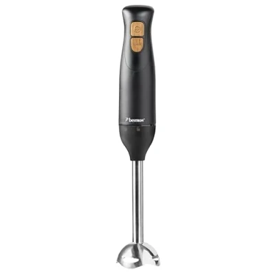 Abbildung von Bestron Stabmixer, Pürierstab mit 2 Geschwindigkeitsstufen &amp; ergonomischer Handgriff, inkl. Turbofunktion mehr als 14.000/rpm, Staab abnehmbar, Material: Edelstahl, Farbe: Schwarz/Holz