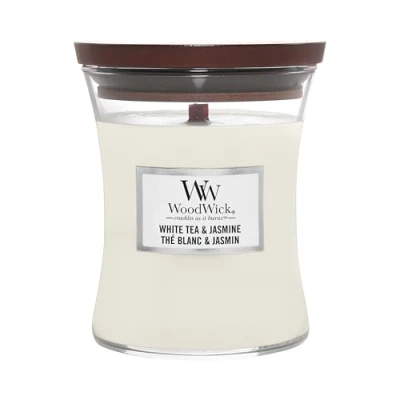 Abbildung von Woodwick Medium White TEA &amp; Jasmine Duftkerze, Größe: 275 g, Transparent