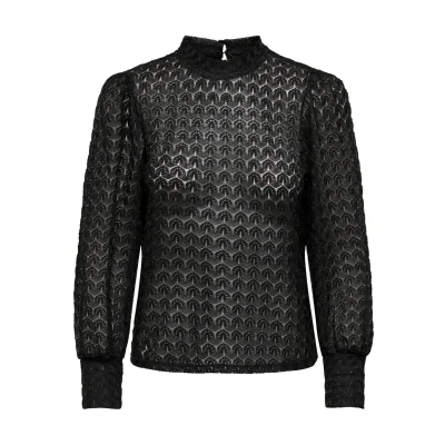Abbildung von JdY Damen Bluse hoch geschlossen Knopfleiste Spitzen Detail Langarm, Farben:Schwarz 2, Größe:M