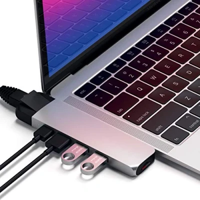 Abbildung von SATECHI Type C Pro Hub Adapter mit Ethernet 4K HDMI, USB PD, Gigabit Ethernet, 3.0, Micro SD Kartensteckplatz Für M2/M1 MacBook Pro/Air (Silber)