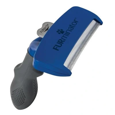 Abbildung von Furminator deShedding Tool Hund Größe L Langhaar Hundebürste für große Hunde zur Entfernung der Unterwolle Verbessertes Design, Schwarz/Blau/Silber