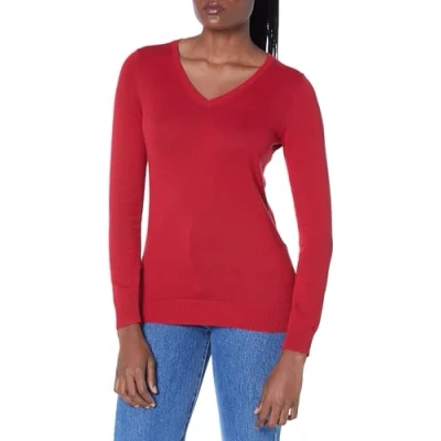 Abbildung von Amazon Essentials Damen Leichter, Langärmeliger Pullover Mit V Ausschnitt, Klassischer Schnitt (Erhältlich In Übergröße), Rot, XL