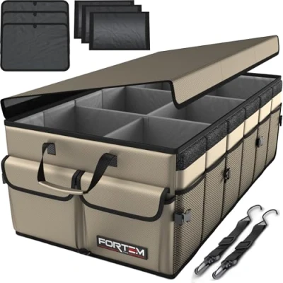 Abbildung von FORTEM Kofferraum Organizer, Kofferraumtasche, Zusammenklappbarer Auto Organizer mit Fächern, Rutschfester Boden, Verstellbare Sicherungsriemen, Klappbarer Deckel (Bräunen, Größe XL)