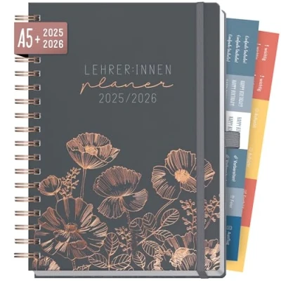 Abbildung von Häfft® Lehrer Planer 2025/2026 A5 + Deluxe &quot;Poppy&quot; Hardcover Lehrerkalender, Schuljahresplaner mit Spiralbindung, Schulplaner nachhaltig &amp; klimafreundlich