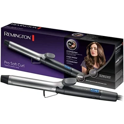 Abbildung von Remington Lockenstab [25mm] Pro Soft Curl Digital (4 facher Schutz, antistatische Keramik Turmalin Beschichtung) LCD Display 130 220C, mit Klemme, weiche mittelgroße &amp; natürliche Locken, CI6525, Schwarz