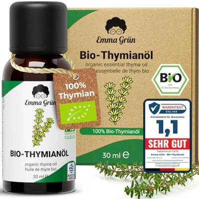 Abbildung von Emma Grün® Bio Thymianöl [100% Naturrein] Ätherisches Öl 30ml Würzig Frisches Thymian zum Einnehmen Ätherische Öle Aus in LEBENSMITTELQUALITÄT Essential Oils Griechenland