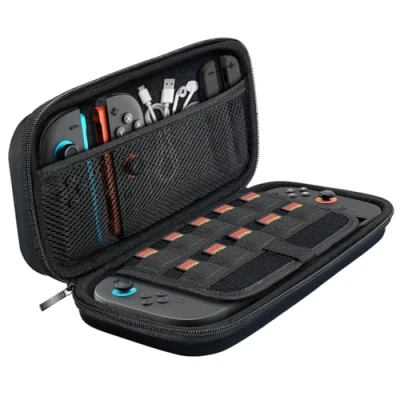 Abbildung von TiMOVO Tasche für Switch 2, Harte Tragetasche Hülle Case Kompatibel mit Nintendo 2 Konsole und Zubehör, Schutzhülle Speichert 10 Spielkarten, Netztasche, Schwarz