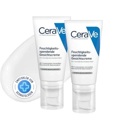 Abbildung von CeraVe Feuchtigkeitsspendende Gesichtscreme für normale bis trockene Haut, Ultraleichte Formel, Mit Hyaluron, Niacinamid und 3 essenziellen Ceramiden, 2 x 52 ml