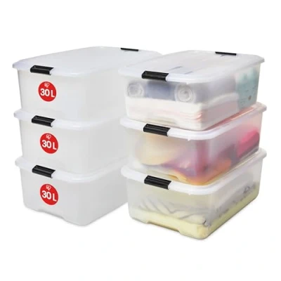 Abbildung von Iris Ohyama Aufbewahrungsbox mit Deckel, 30L, 6er Set, Transparent, Schnappverschlüsse Griffen, Stapelbar, Stark &amp; Langlebig, Für Kleidung, Garage, Zuhause, Büro, Plastikbox, Lagerung TB 30