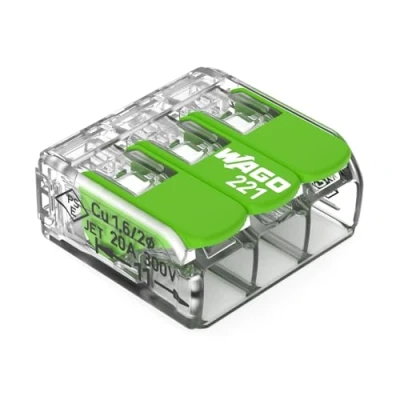 Abbildung von WAGO Green Range Klemme 3 Leiter I bis 4mm² Verbindungsklemme mit Hebeln für alle Leiterarten steckbar 221 423 12 Stück