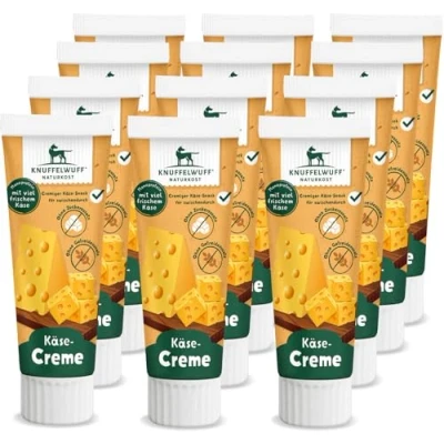 Abbildung von Knuffelwuff Tuben Snack Käsecreme 12er Pack mit viel frischem Käse ohne Konservierungsmittel, Zusatz von Zucker und Getreide Ideal auch für Welpen Made in Germany