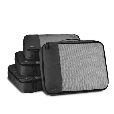 Abbildung von Amazon Basics Packwürfel Set für Koffer, Reise Organizer, Reißverschluss, 4 Teilig, Groß, Schwarz