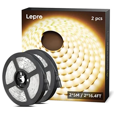 Abbildung von Lepro LED Strip Warmweiss, 10M(5M*2) Streifen 12V Selbstklebend, Band jeder mit 300 Stück 2835 LEDs 2300 Lumen, 3000K Warmweiß Dimmbar Leiste, DIY Lichtband für Innen Heim Deko, Kein Netzteil