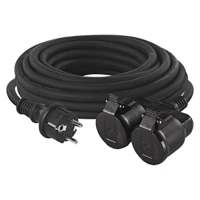 Abbildung von EMOS IP44 Verlängerungskabel 10m 2 Schuko Steckdosen wasserdicht, schlagfest, hitze &amp; kältebeständig 230 V, 16 A, 3680 W Gummi Isolierung H05RR F3G 1,5 mm2 für Außenbereich schwarz