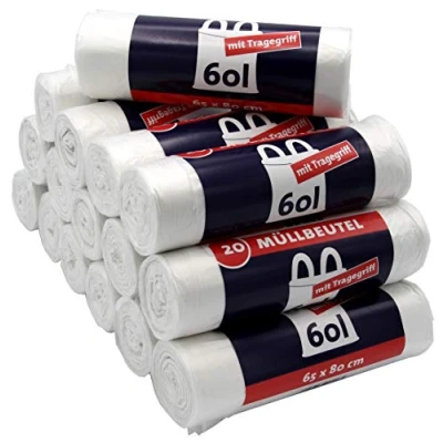 Abbildung von 320 Müllbeutel/Mülltüten mit Tragegriff, 60 Liter, 20 Stück pro Rolle, Reißfest &amp; Flüssigkeitsdicht, Produkt Verpackung recyclebar (16er Pack)