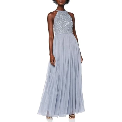 Abbildung von Maya Deluxe Damen Abendkleid Pailletten Cocktailkleid Tüllkleid Kleid Nackenband Elegant Für Hochzeit Brautjungfernkleid Bridesmaid Dress, Dusty Blue, 38 EU