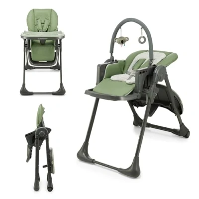 Abbildung von Kinderkraft TUMMIE Hochstuhl 2 in 1, Kinderhochstuhl, Babystuhl, Kombihochstuhl, ab den Ersten Lebensmonaten, Fußstütze, Halbliegende Position, Bezug aus PU, mit Spielzeugen, Grün
