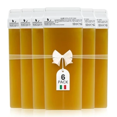Abbildung von Dermawax 6x Roll on Olivenwachs 100 ml Sanfte Haarentfernung für Beine Arme Rücken Achseln Augenbrauen und Gesicht Feuchtigkeitsspendend Hautpflegend, Ideal Studio Heimgebrauch