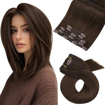Abbildung von Moresoo Clip in Extensions Echthaar Remy Haarverlängerung Dunkelbraun 30 cm Braun 5 Stück 80g Dicke Haare Doppelt Tressen #4