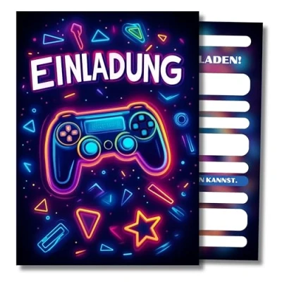 Abbildung von HIDEBLOOM Gaming Einladungskarten Geburtstag Junge I 12 Stück DIN A6 (10,5 cm x 14,8 cm) Geburtstagseinladungen Gamer Videospiel Party Kindergeburtstag Game Controller