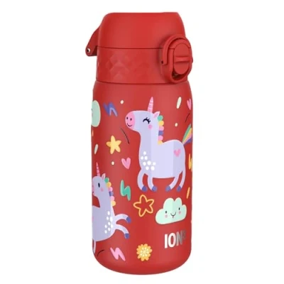 Abbildung von ion8 Kinder Trinkflasche, Edelstahl 400ml, Auslaufsicher, Einhandöffnung, Sichere Verriegelung, Spülmaschinenfest, Klappdeckel, Tragegriff, Leicht zu Reinigen, Langlebig &amp; Kratzfest, Rot Einhorn