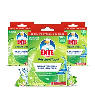 Abbildung von WC Ente Frische Siegel Nachfüller, körbchenloser Reiniger, 3 x 12 Gel Steine, Limone Duft, 3er Pack (3 72 ml)