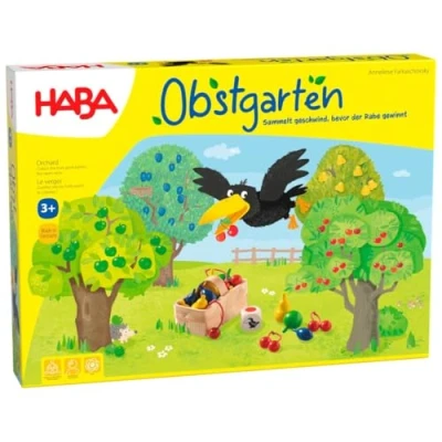 Abbildung von Haba 4170 Obstgarten Spannendes Würfelspiel, mit 40 Früchten aus Holz und leicht verständlichen Spielregeln, beliebtes Brettspiel ab 3 Jahren