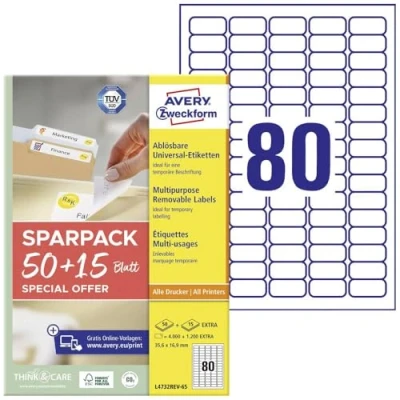 Abbildung von AVERY Zweckform L4732REV 65 Universal Etiketten (4.000 plus 1.200 Klebeetiketten extra, 35,6x16,9mm auf A4, rückstandsfrei ablösbar/abziehbar, bedruckbar, selbstklebende Aufkleber) Blatt, weiß