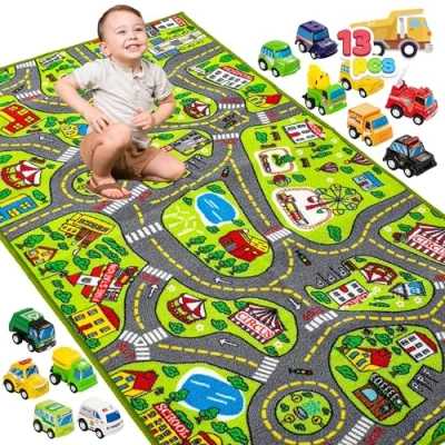 Abbildung von JOYIN Teppich Kinderzimmer 80x150cm mit 12 Mini Auto Spielzeug für Kinder ab 3 Jahren, Spielteppich Straße Kinderteppich, Autoteppich Junge Mädchen Schlafzimmer &amp; Spielzimme