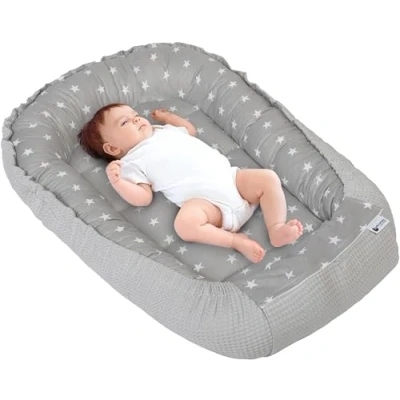 Abbildung von Medi Partners Babynest Kuschelnest Babynestchen 100% Baumwolle Waffle Nestchen Reisebett für Babys Säuglinge 100x60x15cm Sicherer Verschluss (‎Sternen mit Grauen Waffle)