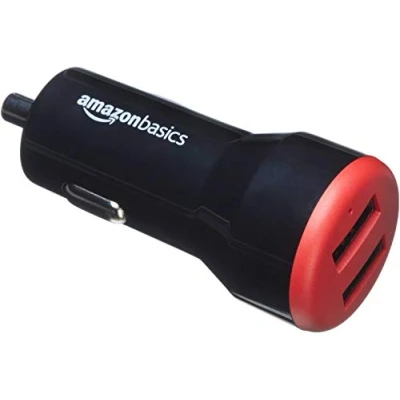 Abbildung von Amazon Basics USB A Autoladegerät mit 2 Anschlüssen 24 W für Telefone (iPhone 16/15/14/13/12/11/X, Samsung und mehr) nicht PPS Schwarz/Rot