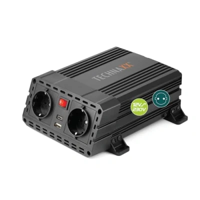 Abbildung von Technaxx KFZ Wechselrichter 12V auf 230V TÜV Rheinland zertifiziert Auto Inverter mit 2x Schuko Stecker und USB Port Power 600W / 1200W (Spitze) Spannungswandler TE19