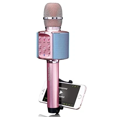 Abbildung von Lenco BMC 090 Karaoke Mikrofon Bluetooth V4.2 mit Smartphone Halterung 5 Watt RMS LED Lichteffekte integrierter Akku 1200mAh Android und iOS Rosa