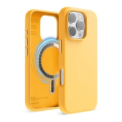Abbildung von elago Magnetisch Silikon Hülle Kompatibel mit iPhone 16 Pro 6,3 Zoll, Allen MagSafe Zubehör Eingebaute Magnete, Soft Grip Silikon, Stoßfest (Sunshine)
