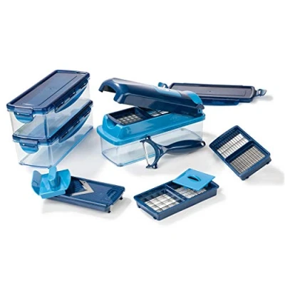 Abbildung von Genius Nicer Dicer Smart (14 tlg.) in blau Gemüse schneider für Würfel, Stifte, Scheiben, Streifen und Viertel inkl. Rezeptheft Salatschneider Mandoline Gurkenhobel