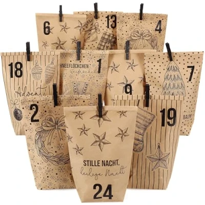 Abbildung von Papierdrachen Extravaganter Adventskalender zum Befüllen mit 24 braunen Geschenktüten und Zahlenaufklebern Motiv Christmas Basteln Verschenken Weihnachten &amp; Advent