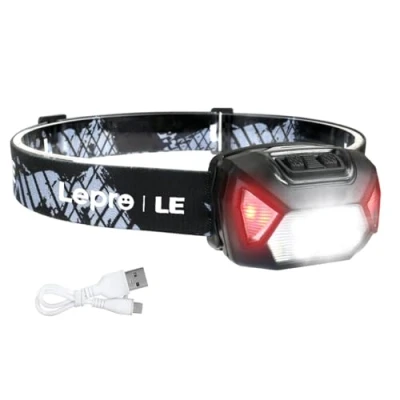 Abbildung von Lepro Stirnlampe LED Wiederaufladbar, 2000 Lux Superhell Kopflampe mit Rotlicht und 6 Lichtmodi, IPX4 Wasserdicht Stirnleuchte, Ideal für Camping&amp;Joggen, Schwarz [inkl. USB Kabel]