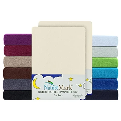 Abbildung von NatureMark 2er Pack Kinder FROTTEE Spannbettlaken, Spannbetttuch kuschelig weich, für Babybett und Kinderbett 70x140 cm Natur weiß