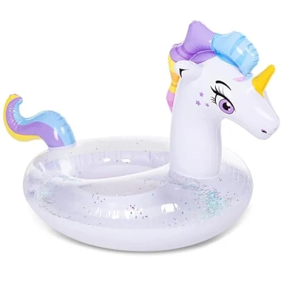 Abbildung von JOYIN Aufblasbare Einhorn Luftmatratze mit Glitzer, Schwimmring Erwachsene, Schwimmreifen, Strand Schwimmbad Spielzeug, Sommer Party Dekoration für Kinder (130 x 85 82.5cm)