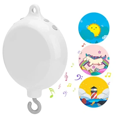 Abbildung von FITNATE Babybettwäsche Rotierende Spieluhr, Mobile Baby Spieluhr mit 3 Aufkleber, eine 128M SD Karte und 35 Melodien (ohne Klammern oder Spielzeug), Batteriebetrieben