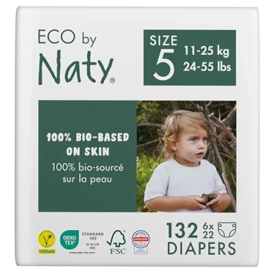 Abbildung von Eco by Naty Baby Öko Windeln umweltfreundliche Premium Bio aus pflanzenbasierten Materialien, ideal für empfindliche Babyhaut (Größe 5 132 Stück) MONATSBOX