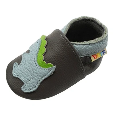 Abbildung von YALION Premium Weich Leder Babyschuhe Krabbelschuhe Lauflernschuhe Hausschuhe mit Dinosaurier Dunkelgrau, EU 20/21=M