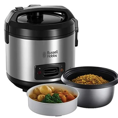 Abbildung von Russell Hobbs Reiskocher [Testsieger] 1,2l inkl. Dampfgarer Einsatz mit Aroma Klappdeckel (Warmhaltefunktion, antihaftbeschichteter Gartopf, Reislöffel &amp; Messbecher, Edelstahl) 27080 56