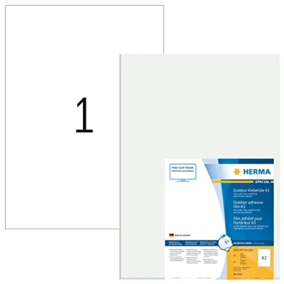 Abbildung von HERMA 9542 Wetterfeste Folienetiketten, 10 Blatt, 297 x 420 mm, 1 pro A3 Bogen, Stück, selbstklebend, bedruckbar, matt, blanko Outdoor Klebeetiketten Aufkleber aus Polyethylen, weiß